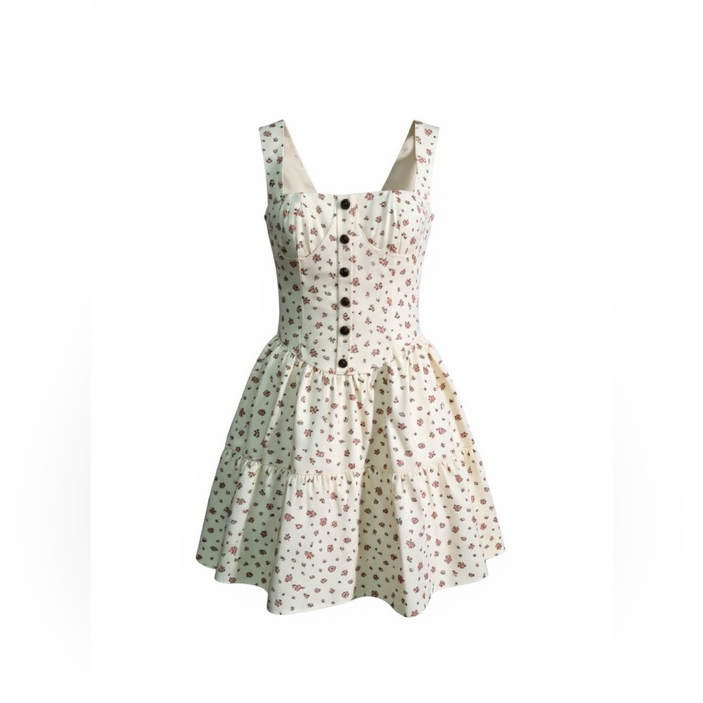 FORE Floral Square Neck Button Front Tiered‎ Mini Dress Ivory Multi Size L